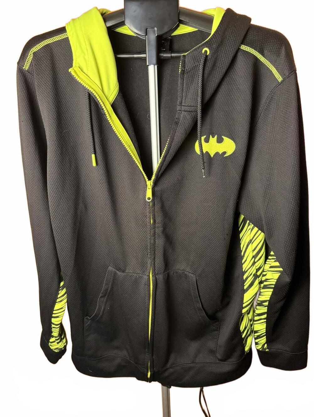 Batman Black and Neon Yellow Zip-Up Hoodie with Logo sz L large vintage